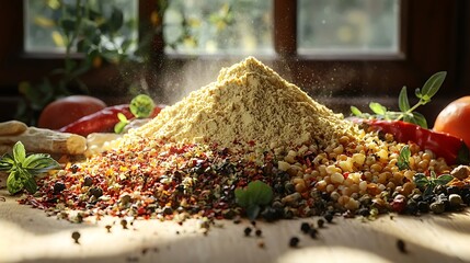 Close up photo showcasing an arrangement of various spices and herbs on wooden surface.