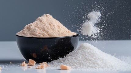 Close up shot of a bowl of flour and shredded coconut with a beautiful food photo