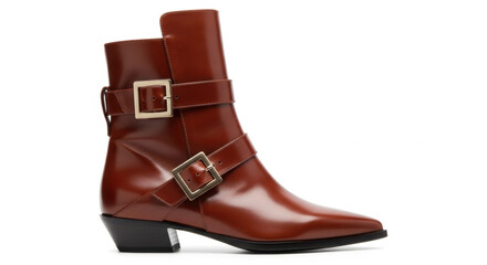 Elegant brown leather ankle boot featuring gold buckles and a low heel isolated on white background