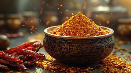 Vibrant culinary composition showcasing bowl of ground chili pepper and dried red chilies photo