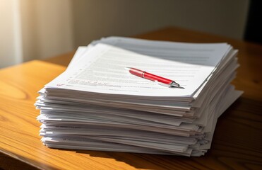 Bright academic scene of graded papers stacked neatly on desk with red pen symbolizing dedication clarity professional work and education