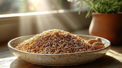 Close up shot of a ceramic bowl filled with seeds and nuts photo
