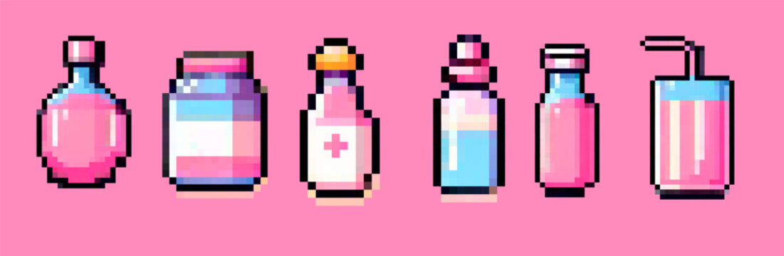 Cute pixel art illustration in 8-bit style shows six assorted bottles and drinks. Theme is potion bottles and beverages. Dominant colors are pastel pink and blue.