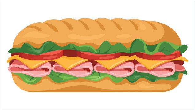 delicious sandwich with visible ingredients in cartoon style vector art isolated on white background