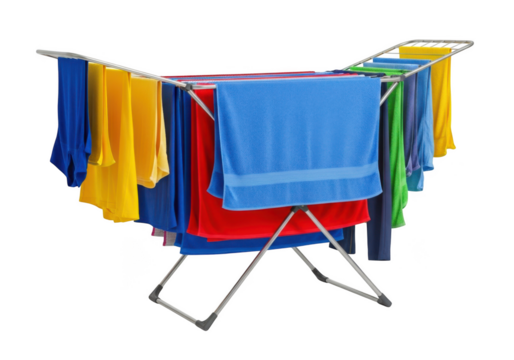 Colorful laundry drying rack filled with various towels and clothes isolated on transparent background