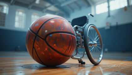 Basketball in Front of Wheelchair &ndash; Inclusive Indoor Basketball Court Scene