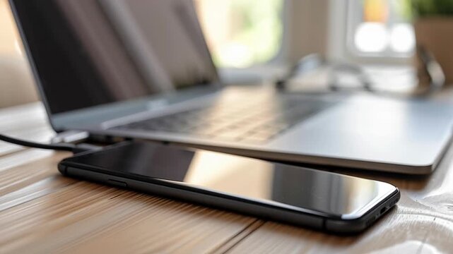 A black cell phone sits on a wooden table next to a laptop. The phone is turned off and the laptop is open. The scene suggests a moment of relaxation or contemplation