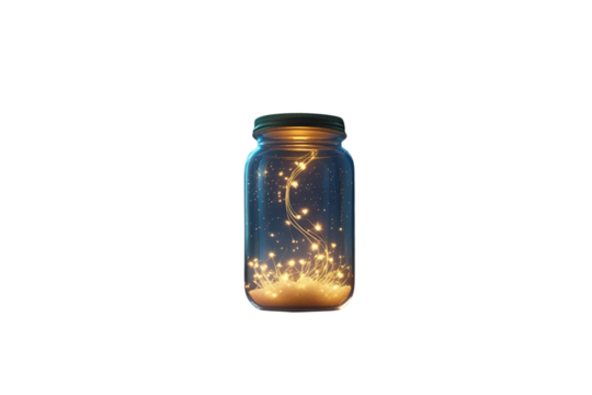 a jar with lights inside, with great details, set on a white backdrop, this is a perfect design and it is ready to impress, this image has a beautiful style, no background.