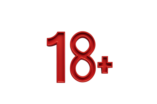 bold red '18+' symbol with a glossy, metallic finish, no background