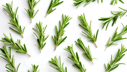 Fototapeta premium Fresh rosemary sprigs arranged on a white background (1)