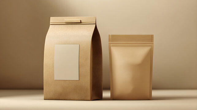 Minimalist Kraft Paper Bags for Coffee or Food Products, Featuring a Clean Label and Zippered Pouch