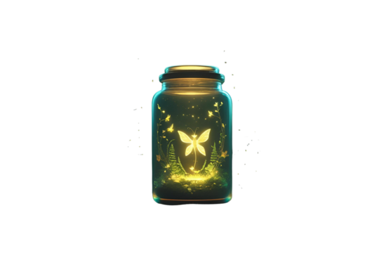 a jar with a butterfly, with a detailed design, with green and yellow lights inside, set against a white background, ready to impress, no background.