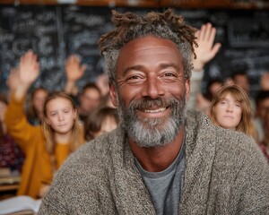 Teacher smiling and asking question as students raise hands in class, group learning environment
