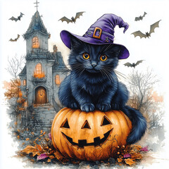 fluffy black cat with witch hat sitting on large pumpkin with haunted house in the background and bats flying around