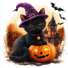 cute black halloween cat leaning on pumpkin and haunted house in the background