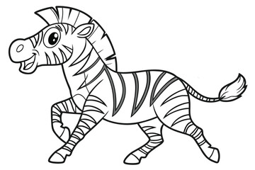 black and white illustration of a cartoon zebra. The zebra is shown in mid-stride, with its legs in motion.