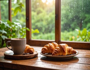 Warm coffee and croissants by a rainy window