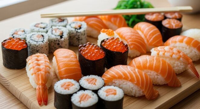 Assorted sushi platter with salmon and shrimp nigiri and maki rolls on wooden board