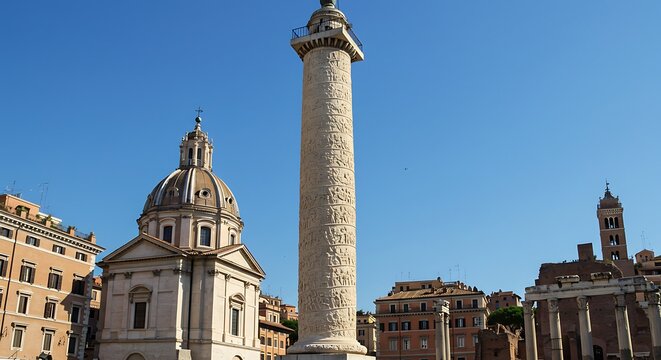 Trajan's Column and the Church of the Most Holy Name of Mary with captivating blue sky
