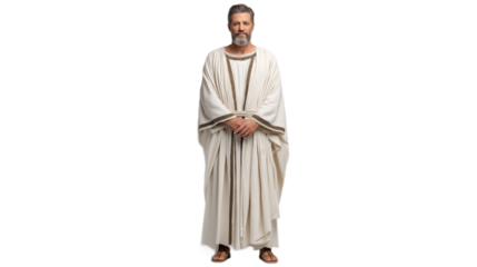 Aaron full-body in priestly linen robe, biblical character PNG image with transparent background, isolated Christian figure on white.