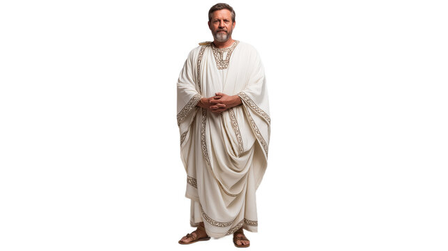 Aaron full-body in priestly linen robe, biblical character PNG image with transparent background, isolated Christian figure on white.