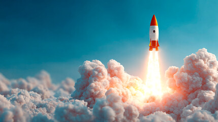 Rocket Launch Ascends: A vibrant rocket shoots towards the sky, rising above a cloud, symbolizing innovation and progress, full of dynamism and hope.