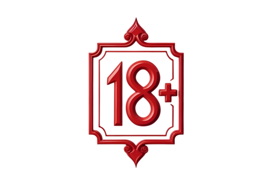 ornate red '18+' adult content warning in a decorative frame, no background