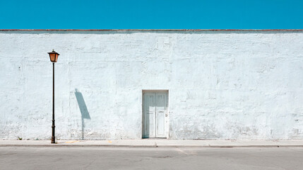 Urban Minimalism: A stark, simple composition showcasing a whitewashed brick wall, a solitary door, a vintage street lamp casting a striking shadow, and an expanse of empty blue sky.