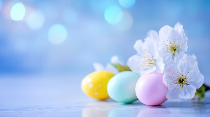 Colorful Easter eggs and white flowers create a joyful spring atmosphere