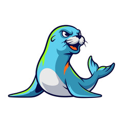 Cartoon Seal: A cheerful cartoon seal with a bright blue coat and a mischievous grin, radiating playful energy and charm. 