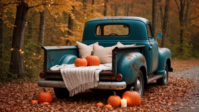 Vintage teal pickup truck bed decorated with pumpkins and blankets