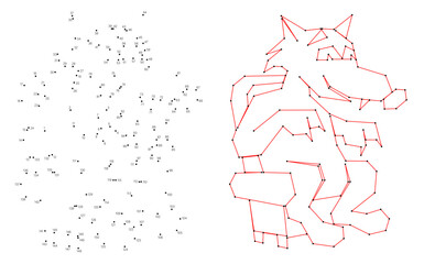 Connect the dots educational drawing game. Dot to dot by numbers puzzle. Google Font Fira Sans Condensed. The big bad wolf sits in a chair.