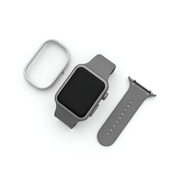 A smartwatch with a sleek metallic body and a detachable strap.