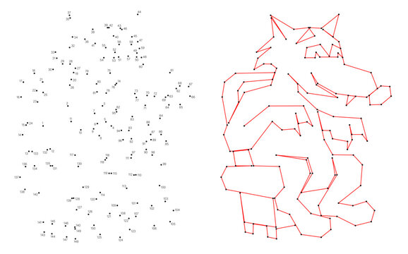 Connect the dots educational drawing game. Dot to dot by numbers puzzle. Google Font Fira Sans Condensed. The big bad wolf sits in a chair.