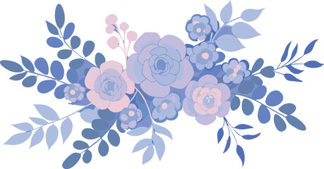 Soft pastel blue and pink floral arrangement with delicate leaves