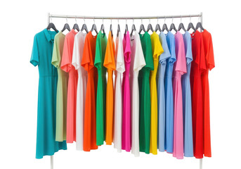 A vibrant collection of colorful t shirts neatly arranged on a clothing rack isolated on transparent background
