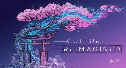 A torii gate with a digital cherry blossom tree