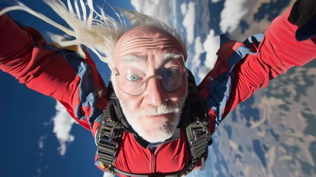 A man wearing a backpack and goggles is smiling as he jumps out of a plane. Concept of adventure and excitement, as the man is taking a daring leap into the sky