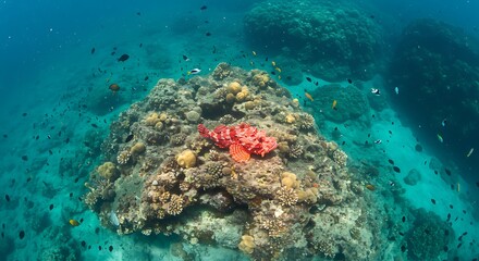 Fototapeta premium Vibrant coral reef ecosystem with a red scorpionfish camouflaged among marine life