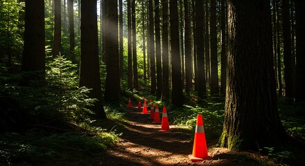 Sunlit forest path marked with vibrant orange cones for safety guidance during forest conservation