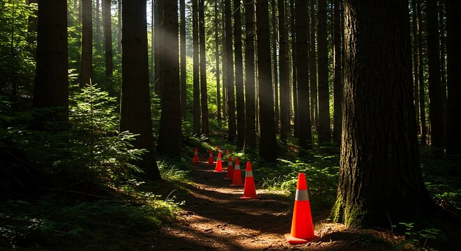 Sunlit forest path marked with vibrant orange cones for safety guidance during forest conservation - Powered by Adobe