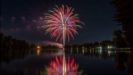 Fireworks reflecting in a lake during a night celebration event