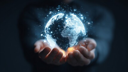 Hands Holding Digital Globe with Network Connections in Dark Background