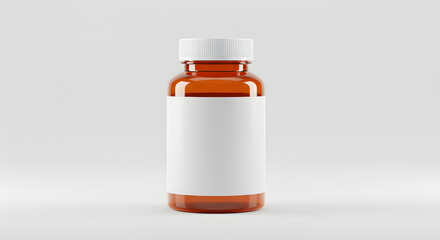 Plastic pill bottle with blank label, upright on white background, pharmaceutical mockup
