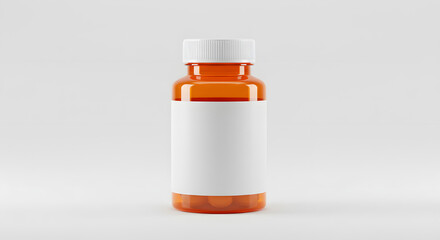 Plastic pill bottle with blank label, upright on white background, pharmaceutical mockup
