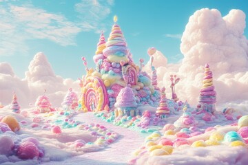 Whimsical candy castle in a dreamlike pastel landscape