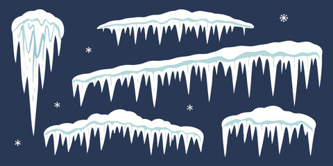 Collection of realistic icicles and snow drifts on a dark blue background