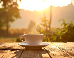 Warm cup of coffee at sunrise