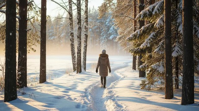 A woman walks alone on a snowy path through a peaceful and beautiful forest during a hazy winter sunrise creating a scene of quiet solitude and contemplation