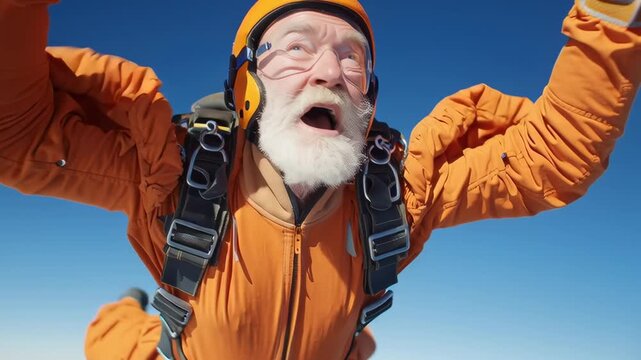 A man wearing a backpack and goggles is smiling as he jumps out of a plane. Concept of adventure and excitement, as the man is taking a daring leap into the sky